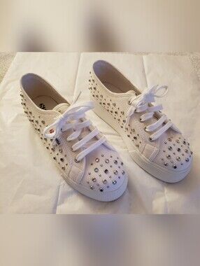 White Studded Lace-Up Platform Sneakers for Women